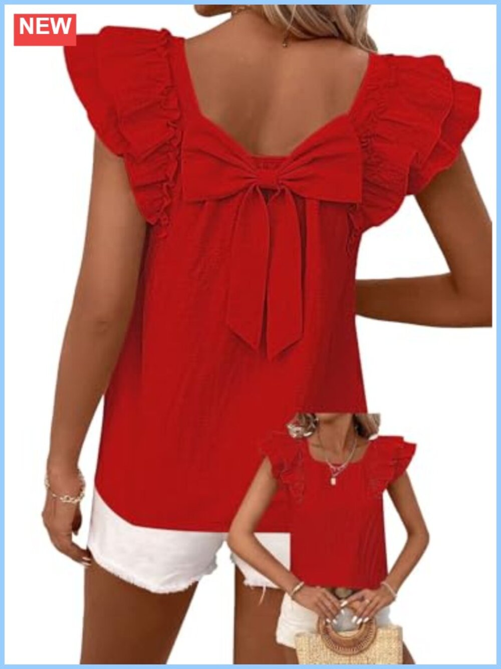 Womens Babydoll Top Bow Tie Back Ruffle Short Sleeve Blouse